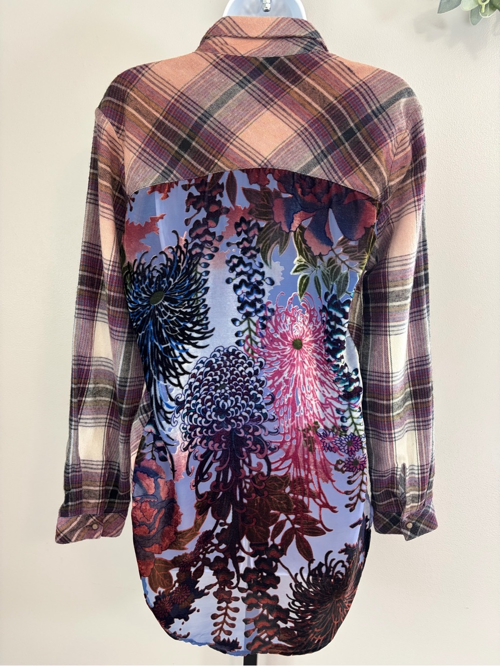 NWOT Aratta Silent Journey- Plaid Button-Down Shirt with Burnout Velvet Back